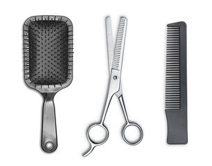 Hair cutting shears, hairbrush and comb isolated - obrazy, fototapety, plakaty