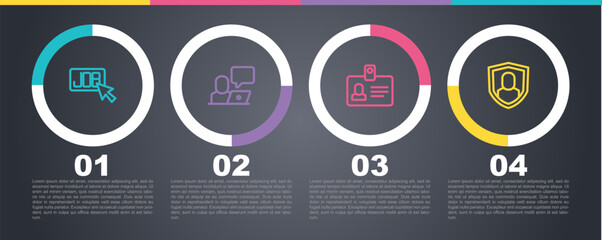 Set line Search job, Freelancer, Identification badge and User protection. Business infographic template. Vector