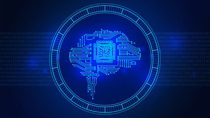 Obraz premium AI. Big data and artificial intelligence concept. Technological brain. Abstract printed circuit board human brain. Machine learning. Concept of cpu in center of computer system. Vector illustration