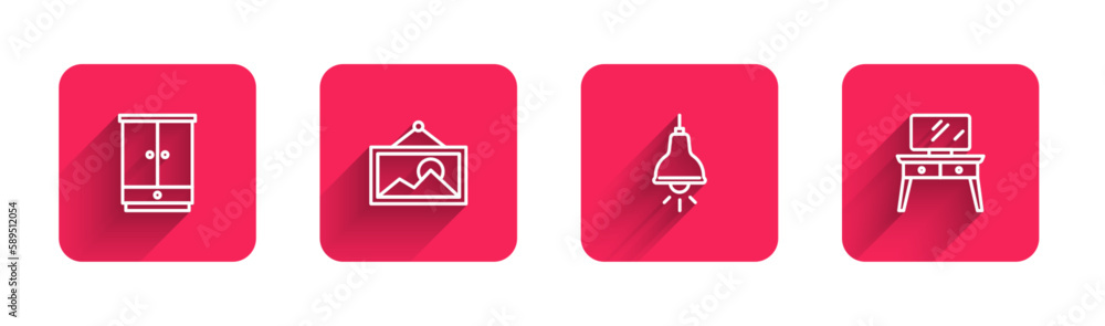 Poster set line wardrobe, picture, lamp hanging and dressing table with long shadow. red square button. vec