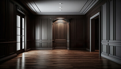 Empty Luxury Room Interior With Brown Wooden Floor, Wall Panels And Lights - Generative AI