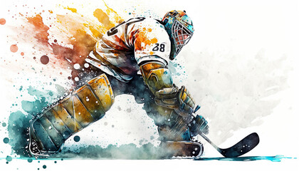 Professional Watercolor Ice Hockey Player Isolated On White Background - Generative AI