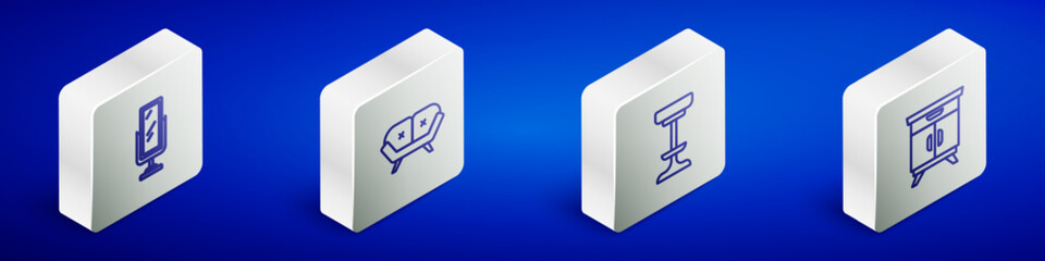 Set Isometric line Big full length mirror, Sofa, Chair and Furniture nightstand icon. Vector