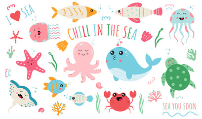 Flat cartoon illustration sea world, octopus, whale, fish, turtle, starfish, corals, shells, jellyfish, crab and lettering. Kawaii eyes	
