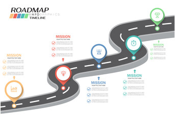 Roadmap infographic 5 steps timeline concept. Winding road. Vector illustration.