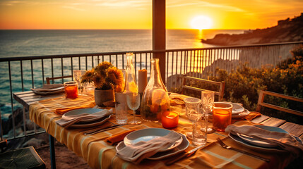 A stunning image of a cliffside dining experience, enveloped in the warm glow of a spectacular sunset over the ocean