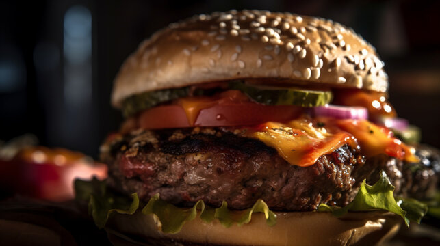 Cheeseburger mit K&auml;se, Salat, Tomate, rote Zwiebeln und sauren Gurken auf dunkler Hintergrund im Querformat. Generative Ai.