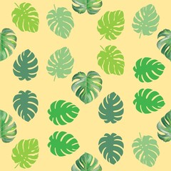 Seamless pattern with monstera leaves in a watercolor style, on a light yellow background, digital drawing.