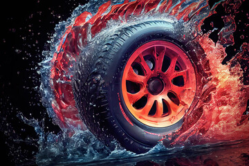 Wheel with a vibrant red alloy wheel tire irushing through flames and water, evoking power. ideal for layouts in the sale of tires and wheels, as it captures the attention its dynamic composition. AI