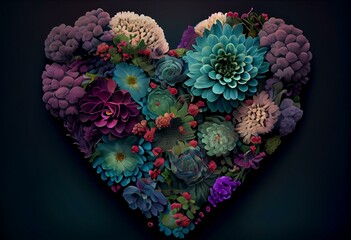 Plakat A giant heart composed of fantastic colored flowers from purple to turquoise with greens and a nod to botany. Ideal as a graphic illustration for Valentine's Day, engagements, marriage. Generative AI
