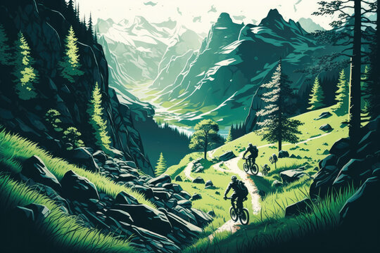 illustration of mountain bikers going biking in green nature. Generative AI