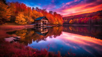 A spectacular image of a lakeside cabin hideaway, enveloped by the enchanting colors of a mesmerizing summer sunset