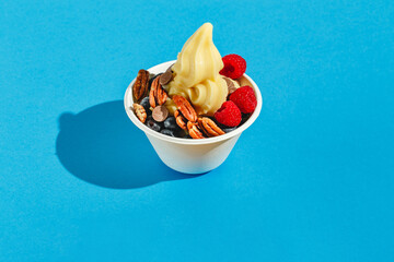 Frozen yogurt with raspberries, blueberries, chocolate drops and pecans. Hard light, deep shadow