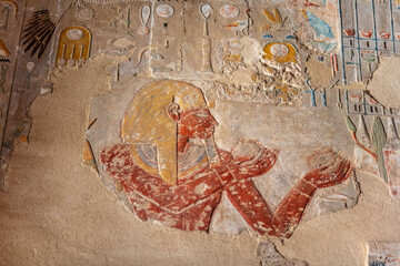 Beautiful mural, hieroglyphs inside the temple of Hatshepsut. Jeser-Jeseru is a masterpiece of ancient Egyptian architecture.