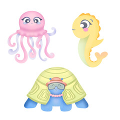 Underwater animals watercolor clipart. Set set of stickers with cute cartoon seahorse, octopus, fish and sea turtle. Collection of kids summer marine illustrations on transparent background