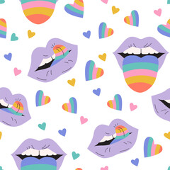 Fototapeta na wymiar Comic female lips, rainbow colored tongue, hearts seamless pattern