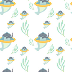 Seamless pattern with kind cartoon sharks and algae. Children's print with funny fish. Underwater world, the seabed