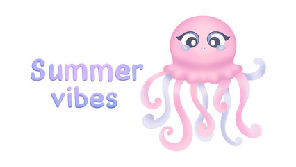 The happy octopus is smiling. Summer cartoon illustration on a transparent background. Children's card with underwater animals and text 