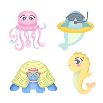Underwater animals watercolor clipart. Set set of stickers with cute cartoon seahorse, octopus, sea turtle, shark. Collection of kids summer marine illustrations on transparent background
