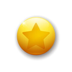 Realistic glossy button with star icon. 3d vector element of yellow color with shadow underneath. Best for mobile apps, UI and web design. 