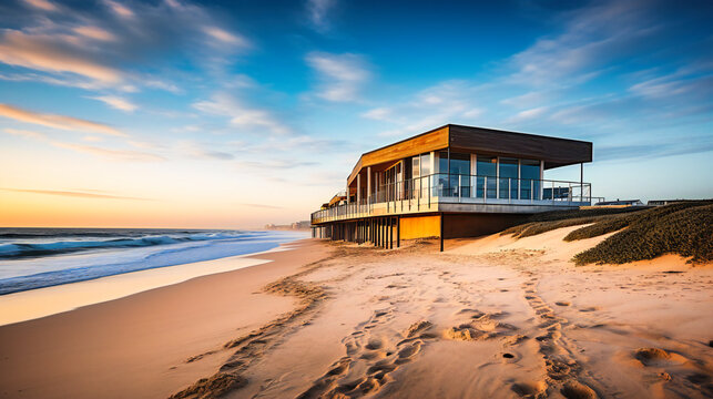 A striking image of a luxurious beach house rental, displaying modern design and breathtaking ocean views