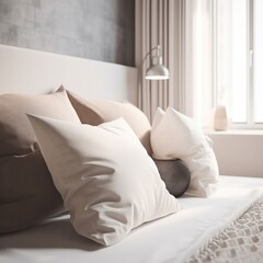 white soft clean and hygienic healthy pillow closeup bedroom interior daylight home interior, image ai generate, image ai generate