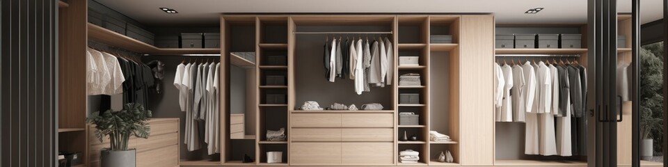 Fototapeta na wymiar elevation of walk-in closet organize area home interior design, image ai generate