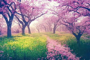 Fototapeta na wymiar Stunning spring garden in full bloom, surrounded by lush green grass and tall trees with delicate lilac foliage. soft purples lilac trees, creating a breathtakingly serene and peaceful atmosphere. AI