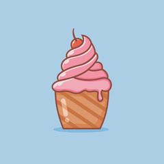 Sweet cherry topping strawberry flavored cupcake icon vector illustration. Cupcake symbol. Dessert icon concept. Sweet cupcake. Strawberry Muffin . Designed in flat cartoon style. 