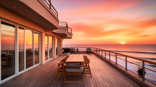 A mesmerizing image of a luxury beach house rental, with a gorgeous terrace providing the perfect setting for sunset views