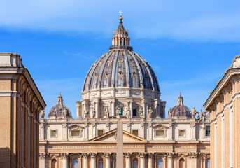 St. Peter's basilica dome and Egyptian obelisk on St. Peter's square in Vatican (translation 