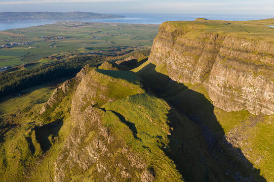Aerial view of Binevenagh Mountain in County Antrim, Ulster, Northern Ireland