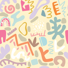 Seamless children's aesthetic pattern with hand-drawn abstract shapes. Creative Scandinavian children's fabric, wrapping texture, textiles,