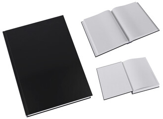Set of three book mockups in blank, black gloss, hardcovers. Closed, opened on first page and the middle. Image without background.