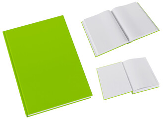 Set of three book mockups in blank, green gloss, hardcovers. Closed, opened on first page and the middle. Image without background.