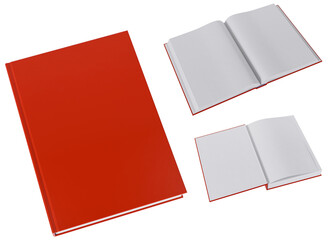 Set of three book mockups in blank, red gloss, hardcovers. Closed, opened on first page and the middle. Image without background.