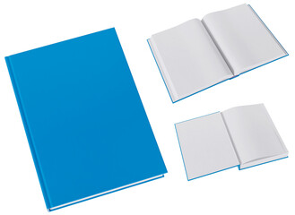 Set of three book mockups in blank, blue gloss, hardcovers. Closed, opened on first page and the middle. Image without background.
