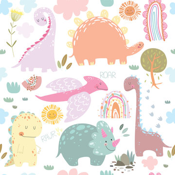 Dino friends. Funny cartoon dinosaurs, rainbows, and sun. Cute t rex, characters. Hand drawn vector doodle set for kids. Good for textiles, nursery, wallpapers, wrapping paper, clothes. Roar words