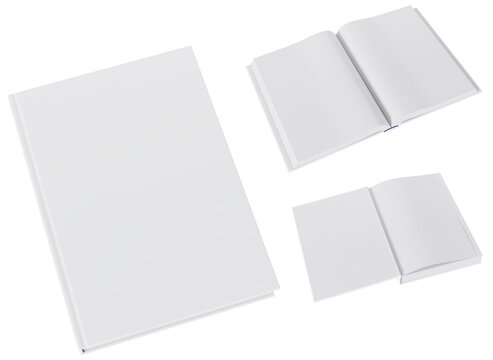 Set of three book mockups in blank, white gloss, hardcovers. Closed, opened on first page and the middle. Image without background.