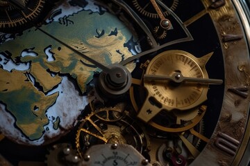 Fototapeta na wymiar Detail of old clock face with world map. Time concept. Generative AI