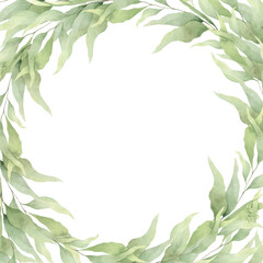 Fototapeta na wymiar A round frame made of green branches and leaves. A wreath of foliage. Hand-drawn illustration. For wedding invitations, postcard design and stationery.