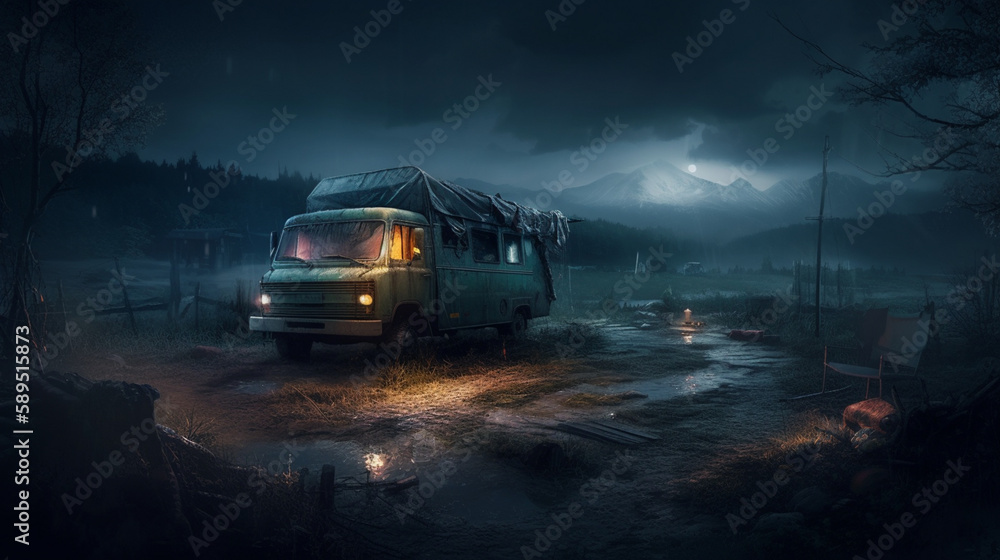 Poster background camping truck wallpaper pastel drawing generative ai