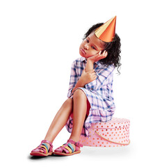 Obraz na płótnie Canvas Sad young girl sitting on gift box, thinking about lonely birthday and wearing cute dress. Little biracial child, introvert at a party and isolated on a transparent, png background