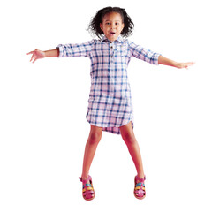 A happy biracial girl, jumps with curly hair to celebrate and dancing in a studio. African child jumping, feeling freedom and isolated on a transparent, png background