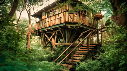 Fototapeta na wymiar A striking image of an eco-friendly treehouse, showcasing an innovative design that harmoniously coexists with its natural environment