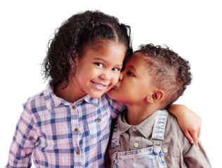 Mixed-race siblings show love and hugging, casual clothes and isolated on a transparent, png background