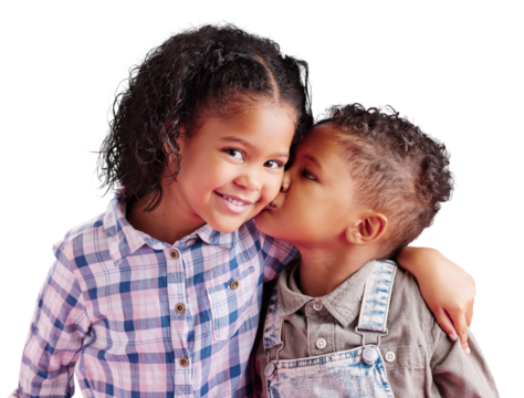 Mixed-race siblings show love and hugging, casual clothes and isolated on a transparent, png background