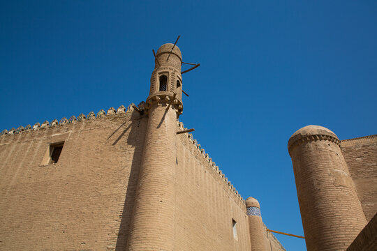 Tower, Outer Wall of Tosh HovIi Palace, Ichon Qala (Itchan Kala), UNESCO World Heritage Site, Khiva, Uzbekistan