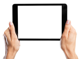 Woman holding   digital tablet on background
