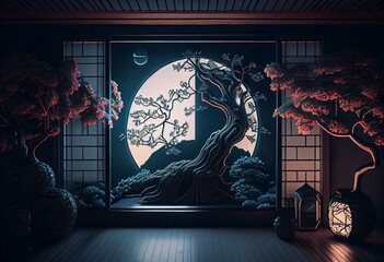 Futuristic and sci-fi dark room interior design with neon light in Japanese traditional motifs. Japanese landscape behind a large window in a dark room. Sakura, moon, city, movement.. Generative AI